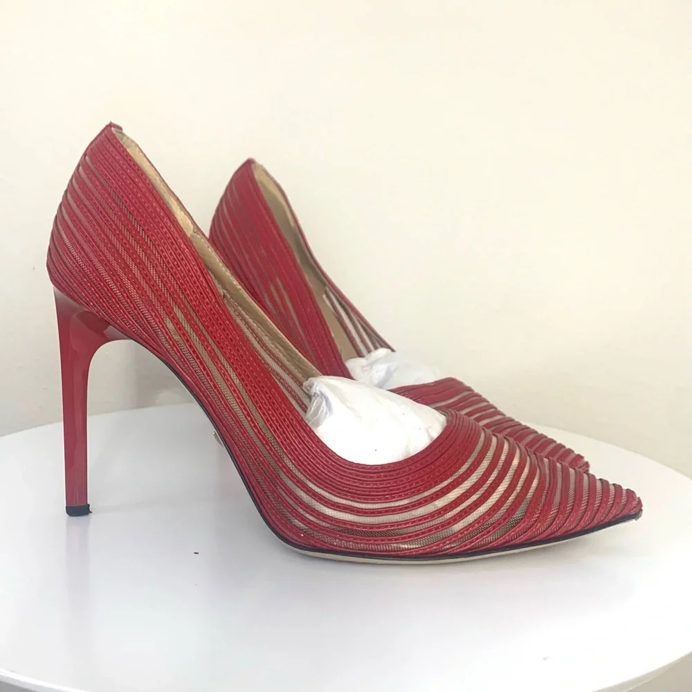 Diane Von Frontenberg red striped Bridgette leather and mesh pumps - Picture 2 of 6